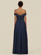 KissDress-Lurina Dark Navy A Line Chiffon Off the Shoulder Pleated Long Bridesmaid Dress with Slit