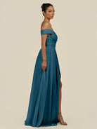 KissDress-Lurina Dark Teal A Line Chiffon Off the Shoulder Pleated Long Bridesmaid Dress with Slit