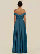 KissDress-Lurina Dark Teal A Line Chiffon Off the Shoulder Pleated Long Bridesmaid Dress with Slit
