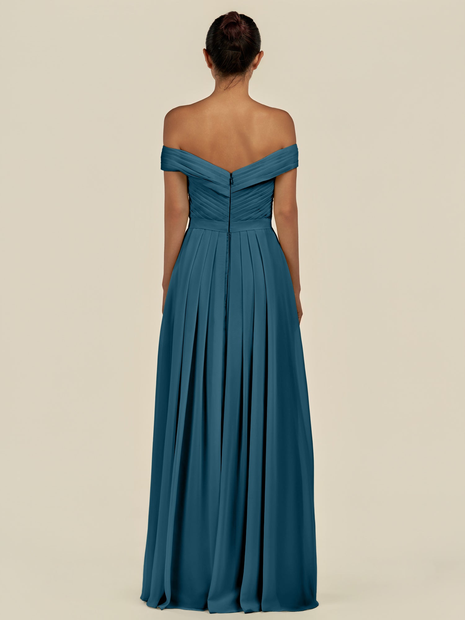 KissDress-Lurina Dark Teal A Line Chiffon Off the Shoulder Pleated Long Bridesmaid Dress with Slit