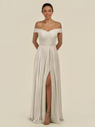 KissDress-Lurina Dove Gray A Line Chiffon Off the Shoulder Pleated Long Bridesmaid Dress with Slit