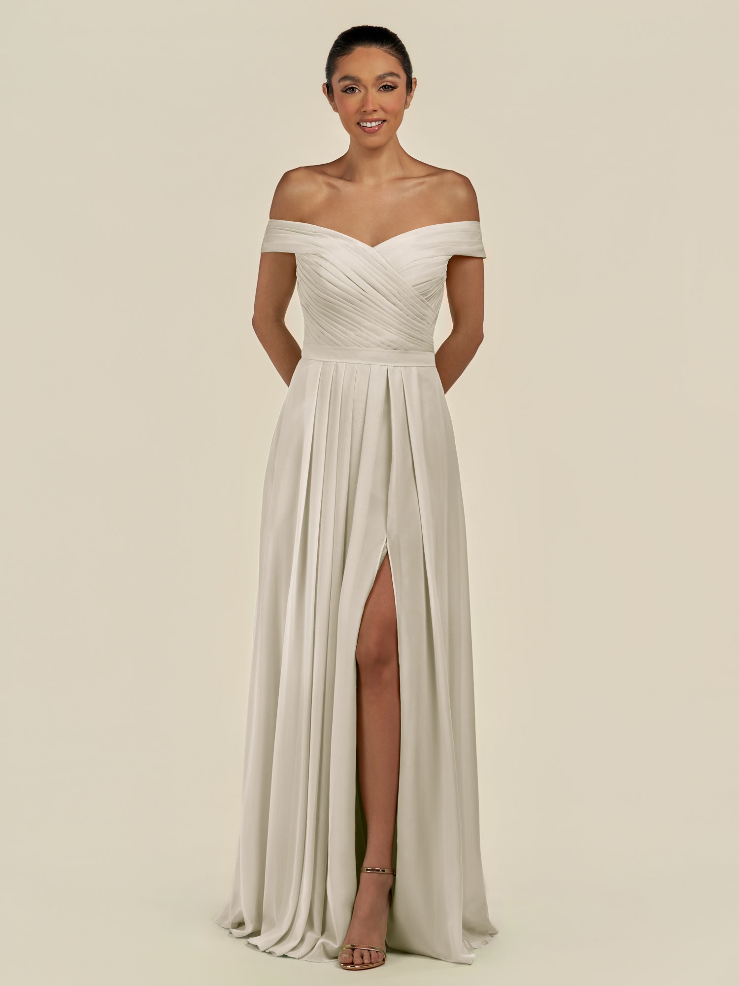 KissDress-Lurina Dove Gray A Line Chiffon Off the Shoulder Pleated Long Bridesmaid Dress with Slit