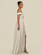 KissDress-Lurina Dove Gray A Line Chiffon Off the Shoulder Pleated Long Bridesmaid Dress with Slit