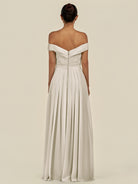 KissDress-Lurina Dove Gray A Line Chiffon Off the Shoulder Pleated Long Bridesmaid Dress with Slit