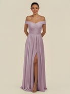 KissDress-Lurina Dusk A Line Chiffon Off the Shoulder Pleated Long Bridesmaid Dress with Slit