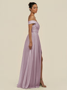 KissDress-Lurina Dusk A Line Chiffon Off the Shoulder Pleated Long Bridesmaid Dress with Slit