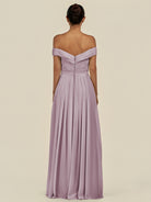 KissDress-Lurina Dusk A Line Chiffon Off the Shoulder Pleated Long Bridesmaid Dress with Slit