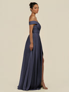 KissDress-Lurina Dusk Blue A Line Chiffon Off the Shoulder Pleated Long Bridesmaid Dress with Slit