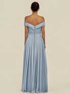 KissDress-Lurina Dusty Blue A Line Chiffon Off the Shoulder Pleated Long Bridesmaid Dress with Slit