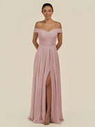 KissDress-Lurina Dusty Rose A Line Chiffon Off the Shoulder Pleated Long Bridesmaid Dress with Slit