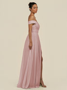 KissDress-Lurina Dusty Rose A Line Chiffon Off the Shoulder Pleated Long Bridesmaid Dress with Slit
