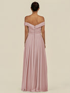 KissDress-Lurina Dusty Rose A Line Chiffon Off the Shoulder Pleated Long Bridesmaid Dress with Slit