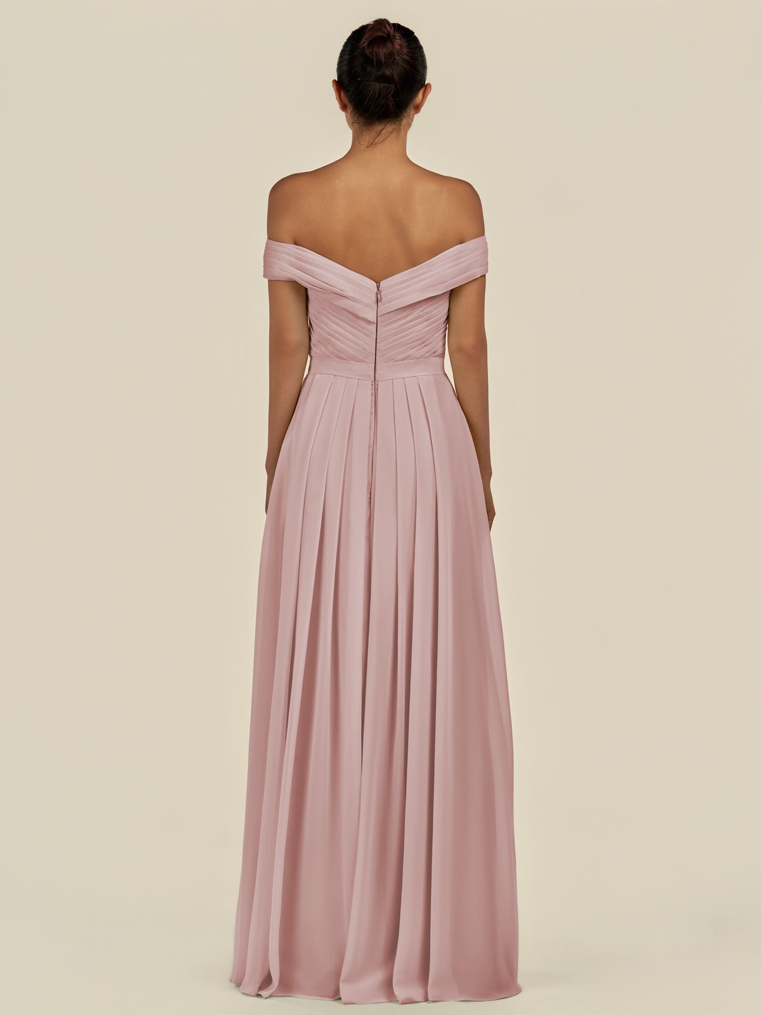 KissDress-Lurina Dusty Rose A Line Chiffon Off the Shoulder Pleated Long Bridesmaid Dress with Slit