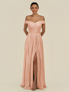 KissDress-Lurina English Rose A Line Chiffon Off the Shoulder Pleated Long Bridesmaid Dress with Slit
