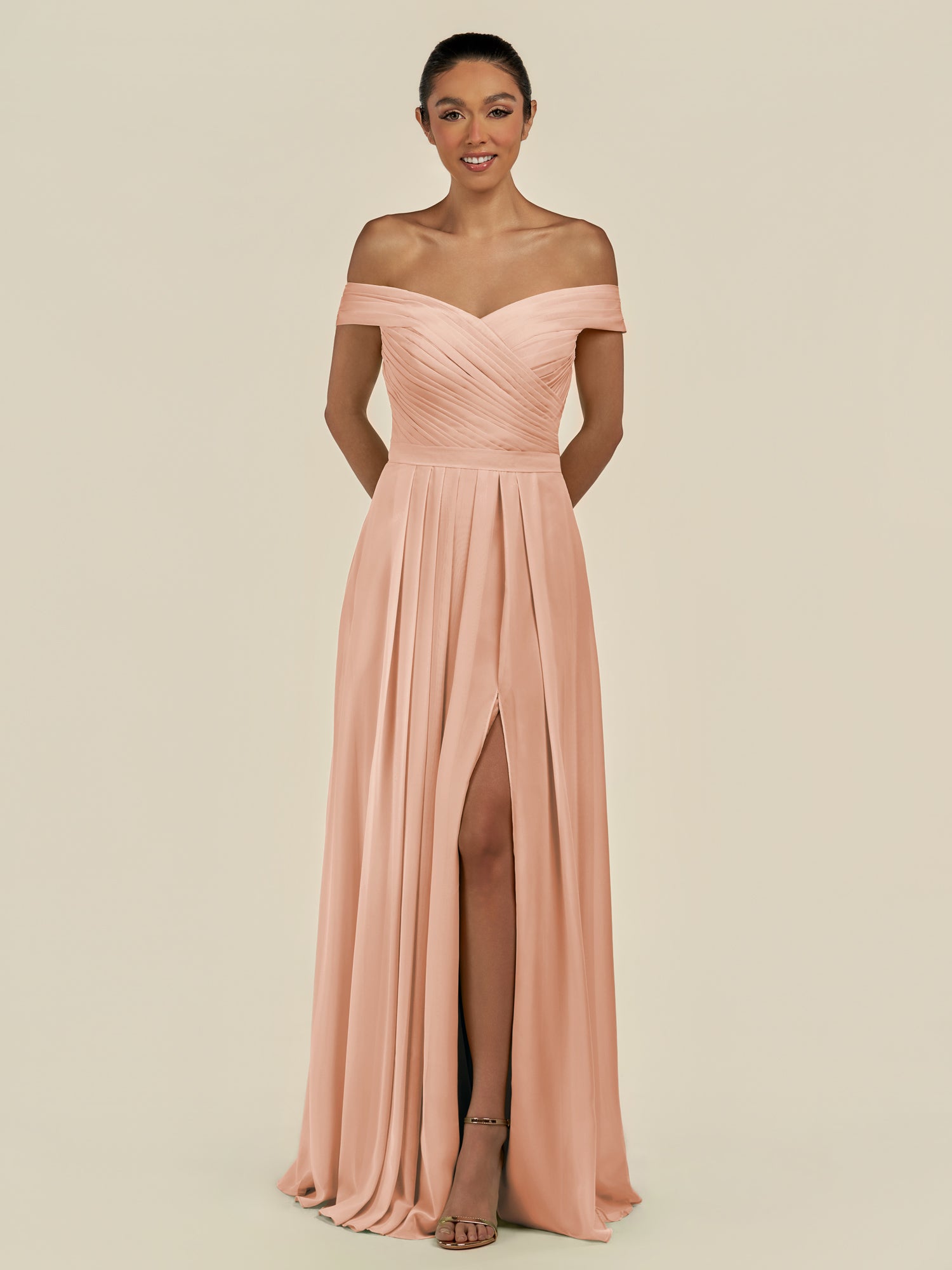 KissDress-Lurina English Rose A Line Chiffon Off the Shoulder Pleated Long Bridesmaid Dress with Slit