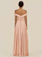 KissDress-Lurina English Rose A Line Chiffon Off the Shoulder Pleated Long Bridesmaid Dress with Slit
