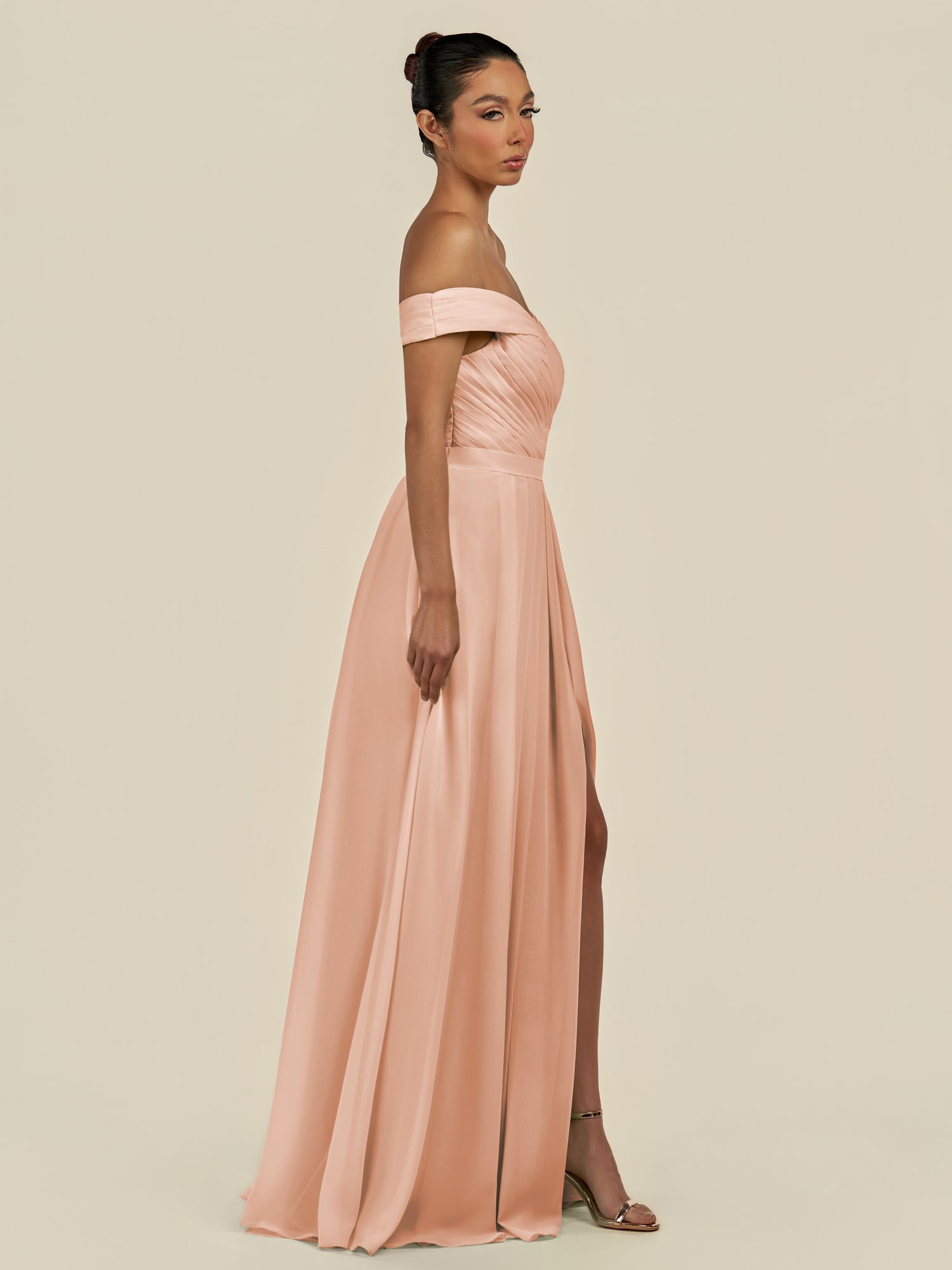 KissDress-Lurina English Rose A Line Chiffon Off the Shoulder Pleated Long Bridesmaid Dress with Slit