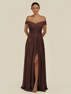 KissDress-Lurina Espresso A Line Chiffon Off the Shoulder Pleated Long Bridesmaid Dress with Slit