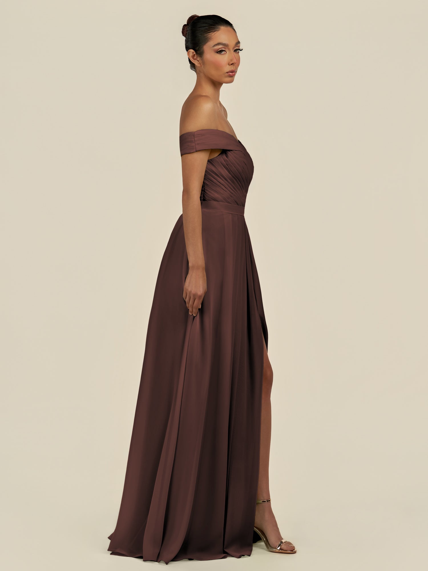 KissDress-Lurina Espresso A Line Chiffon Off the Shoulder Pleated Long Bridesmaid Dress with Slit