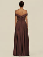 KissDress-Lurina Espresso A Line Chiffon Off the Shoulder Pleated Long Bridesmaid Dress with Slit