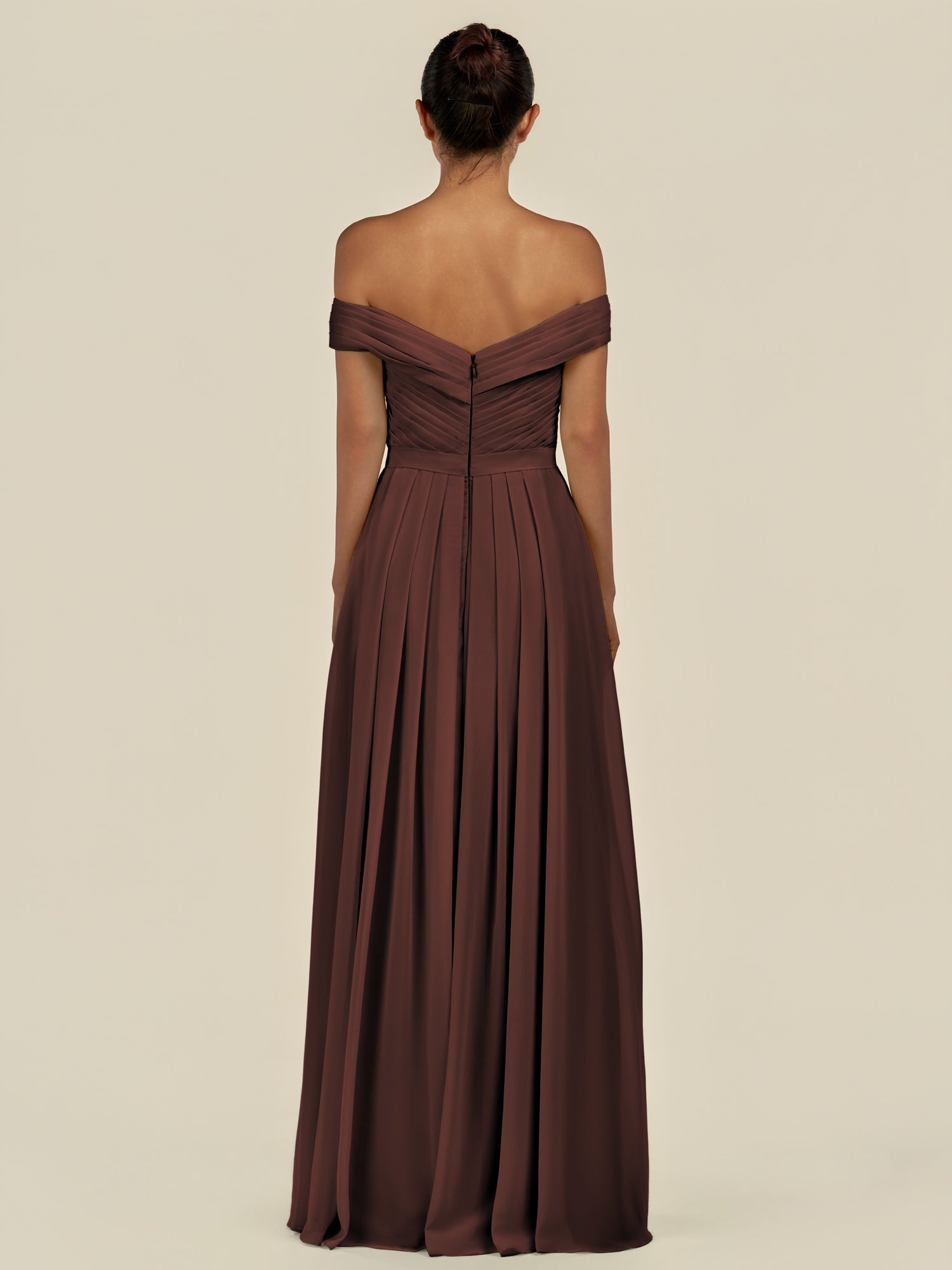KissDress-Lurina Espresso A Line Chiffon Off the Shoulder Pleated Long Bridesmaid Dress with Slit