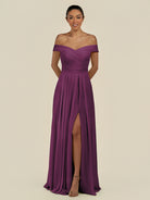 KissDress-Lurina Fig A Line Chiffon Off the Shoulder Pleated Long Bridesmaid Dress with Slit