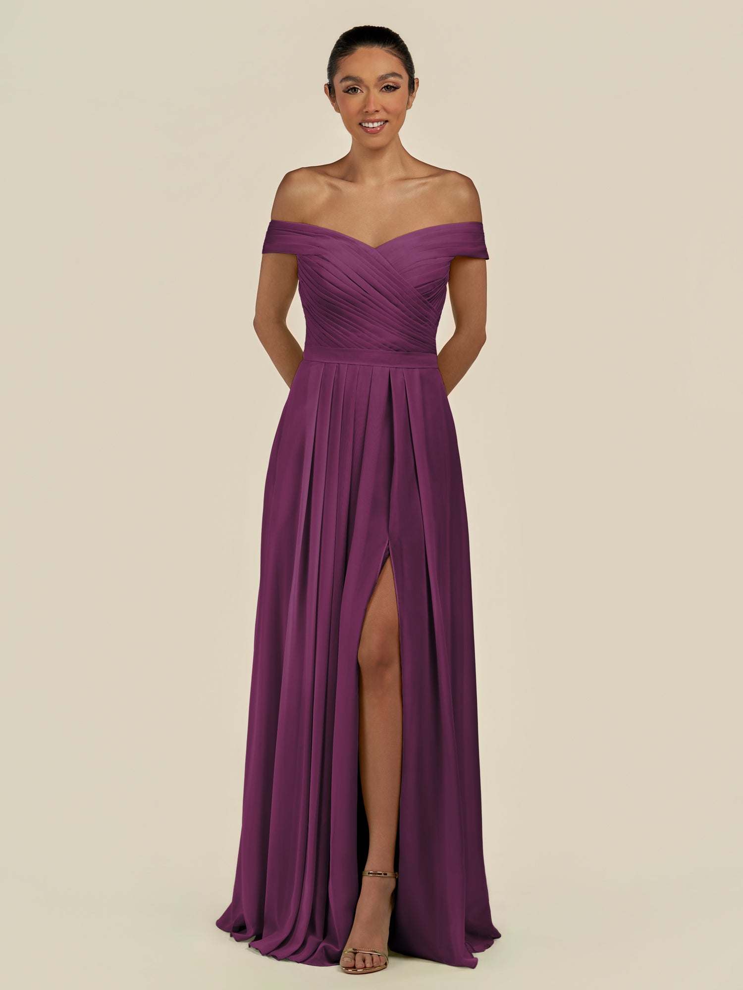 KissDress-Lurina Fig A Line Chiffon Off the Shoulder Pleated Long Bridesmaid Dress with Slit