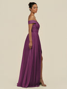 KissDress-Lurina Fig A Line Chiffon Off the Shoulder Pleated Long Bridesmaid Dress with Slit