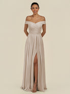 KissDress-Lurina Frost A Line Chiffon Off the Shoulder Pleated Long Bridesmaid Dress with Slit