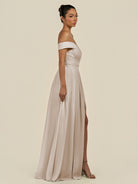 KissDress-Lurina Frost A Line Chiffon Off the Shoulder Pleated Long Bridesmaid Dress with Slit