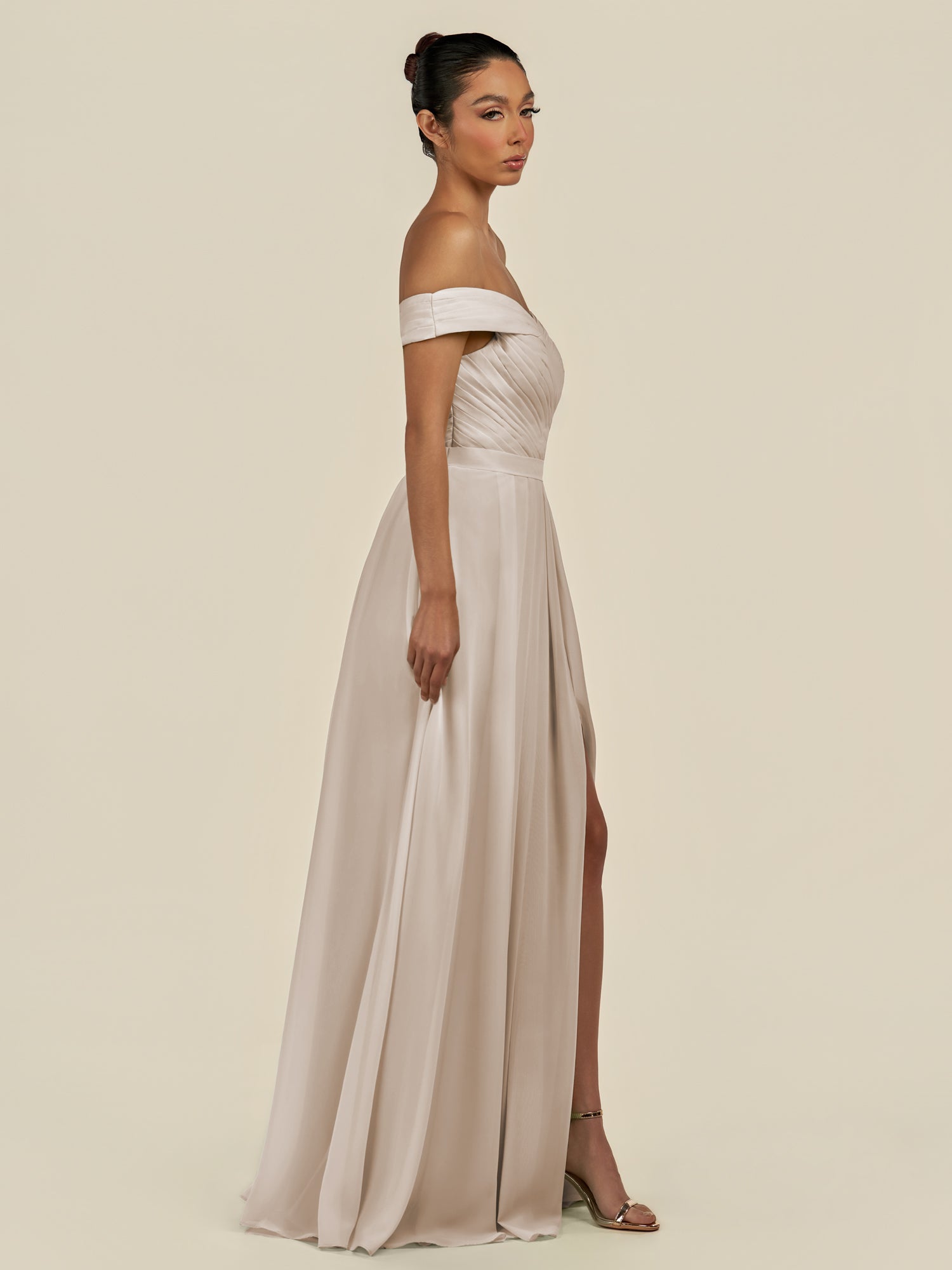 KissDress-Lurina Frost A Line Chiffon Off the Shoulder Pleated Long Bridesmaid Dress with Slit