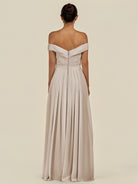 KissDress-Lurina Frost A Line Chiffon Off the Shoulder Pleated Long Bridesmaid Dress with Slit