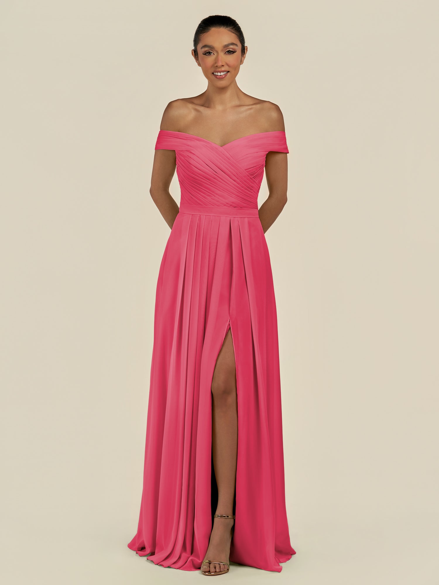 KissDress-Lurina Fuchsia A Line Chiffon Off the Shoulder Pleated Long Bridesmaid Dress with Slit