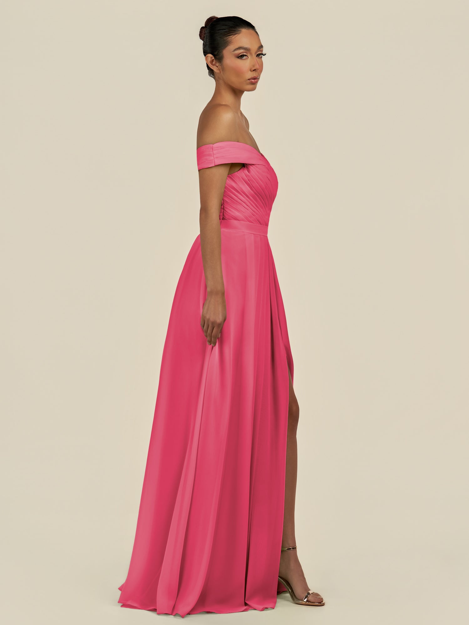 KissDress-Lurina Fuchsia A Line Chiffon Off the Shoulder Pleated Long Bridesmaid Dress with Slit
