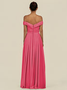 KissDress-Lurina Fuchsia A Line Chiffon Off the Shoulder Pleated Long Bridesmaid Dress with Slit