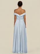 KissDress-Lurina Ice A Line Chiffon Off the Shoulder Pleated Long Bridesmaid Dress with Slit