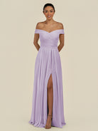 KissDress-Lurina Lavender A Line Chiffon Off the Shoulder Pleated Long Bridesmaid Dress with Slit