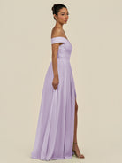 KissDress-Lurina Lavender A Line Chiffon Off the Shoulder Pleated Long Bridesmaid Dress with Slit