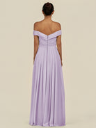 KissDress-Lurina Lavender A Line Chiffon Off the Shoulder Pleated Long Bridesmaid Dress with Slit