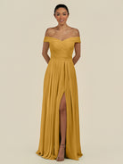 KissDress-Lurina Marigold A Line Chiffon Off the Shoulder Pleated Long Bridesmaid Dress with Slit