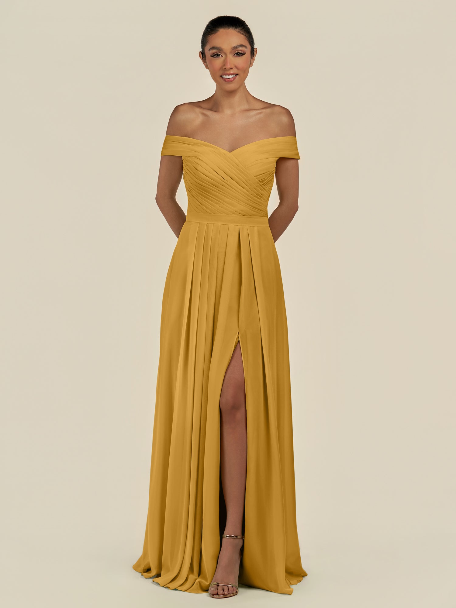 KissDress-Lurina Marigold A Line Chiffon Off the Shoulder Pleated Long Bridesmaid Dress with Slit