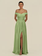 KissDress-Lurina Matcha A Line Chiffon Off the Shoulder Pleated Long Bridesmaid Dress with Slit