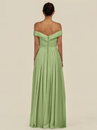 KissDress-Lurina Matcha A Line Chiffon Off the Shoulder Pleated Long Bridesmaid Dress with Slit