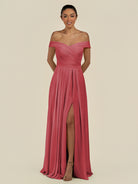 KissDress-Lurina Merlot A Line Chiffon Off the Shoulder Pleated Long Bridesmaid Dress with Slit