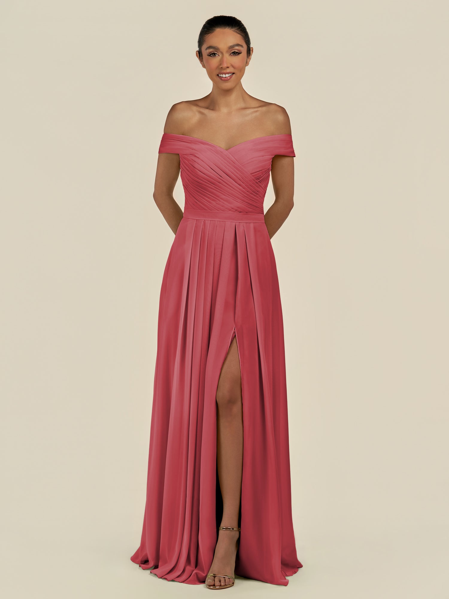 KissDress-Lurina Merlot A Line Chiffon Off the Shoulder Pleated Long Bridesmaid Dress with Slit