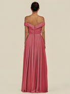 KissDress-Lurina Merlot A Line Chiffon Off the Shoulder Pleated Long Bridesmaid Dress with Slit