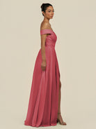 KissDress-Lurina Merlot A Line Chiffon Off the Shoulder Pleated Long Bridesmaid Dress with Slit
