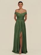 KissDress-Lurina Moss A Line Chiffon Off the Shoulder Pleated Long Bridesmaid Dress with Slit