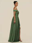 KissDress-Lurina Moss A Line Chiffon Off the Shoulder Pleated Long Bridesmaid Dress with Slit
