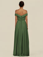 KissDress-Lurina Moss A Line Chiffon Off the Shoulder Pleated Long Bridesmaid Dress with Slit